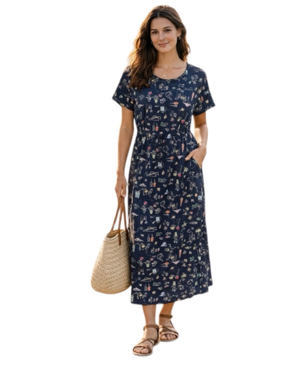 Eddie Bauer Linen Gardening Print Short Sleeve Maxi Dress Size Tall L